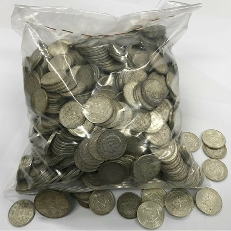 Vijf kilo zilver Nederlands muntgeld (brutogewicht 6,945 kg)